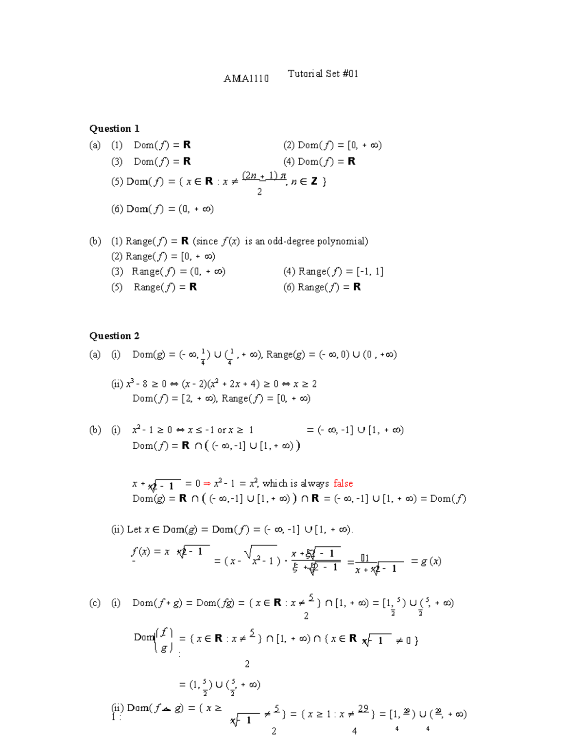 Sol1 - Solution To Tutorial 1 - Tutorial Set #01 AMA1110 Question 1 (a ...