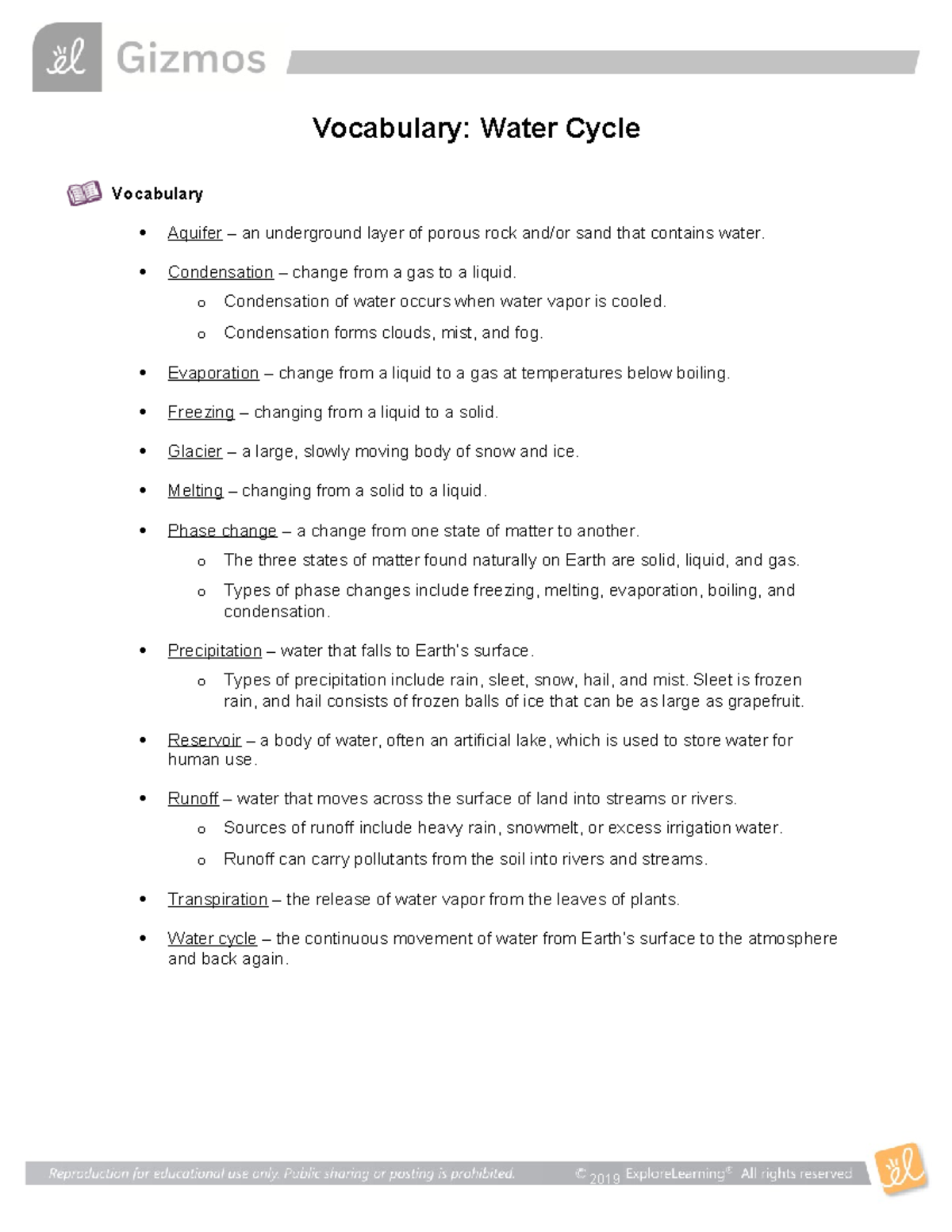 Water Cycle Vocab - No additional information - 2019 Vocabulary: Water ...