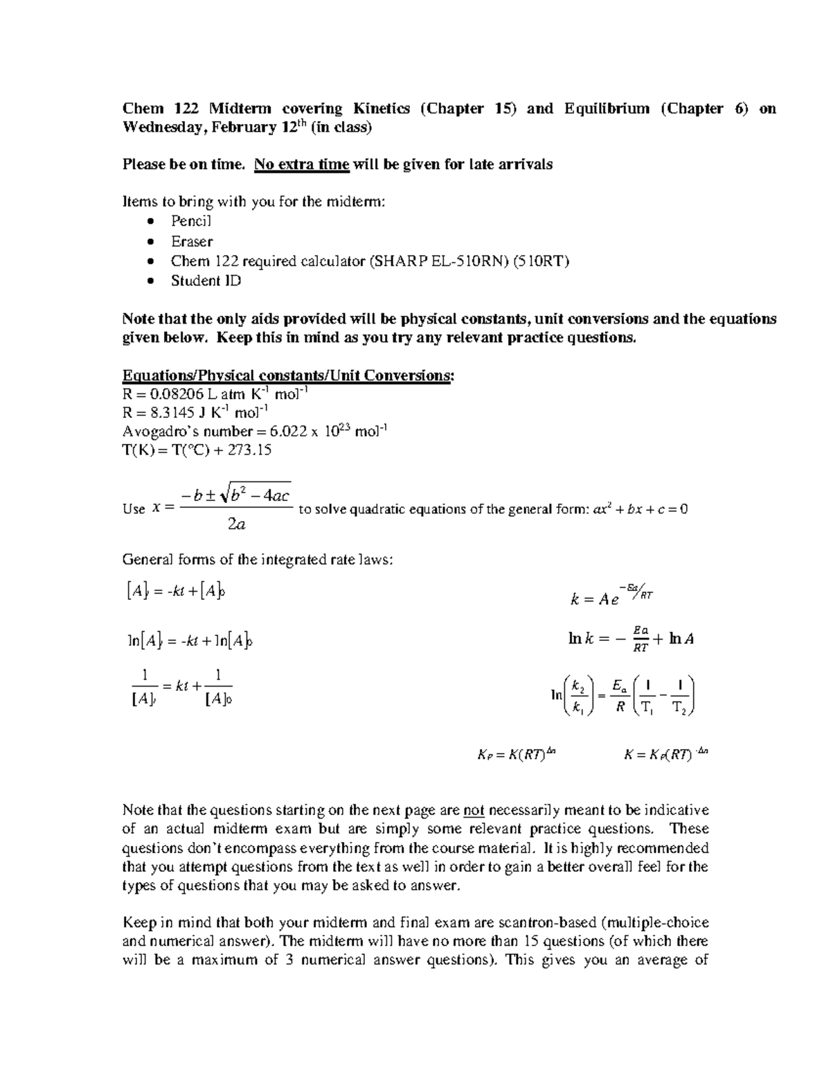 Sample/practice exam 12 February 2020, questions and answers - Chem 122 ...