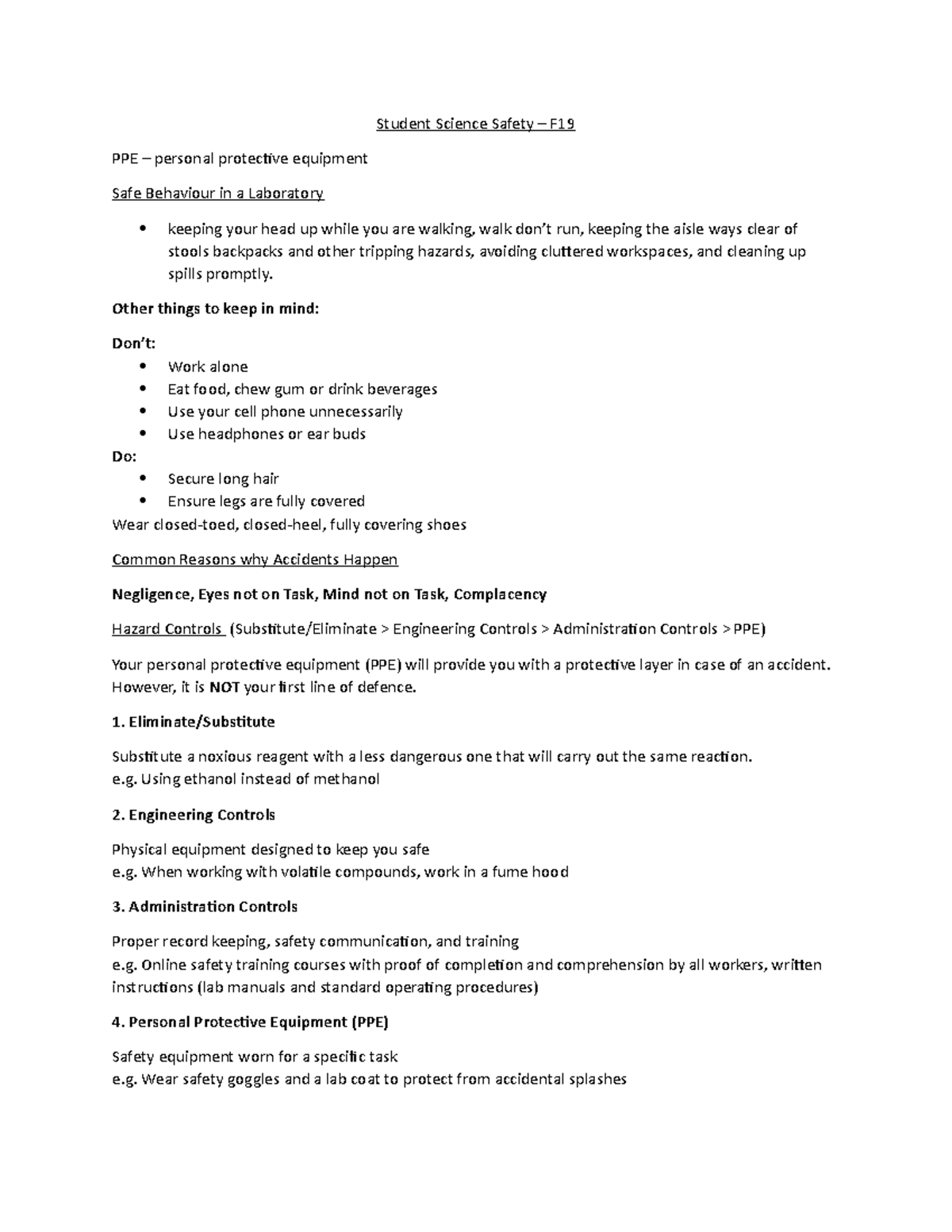 Chem F19 Safety Quiz Course Student Science Safety F PPE personal