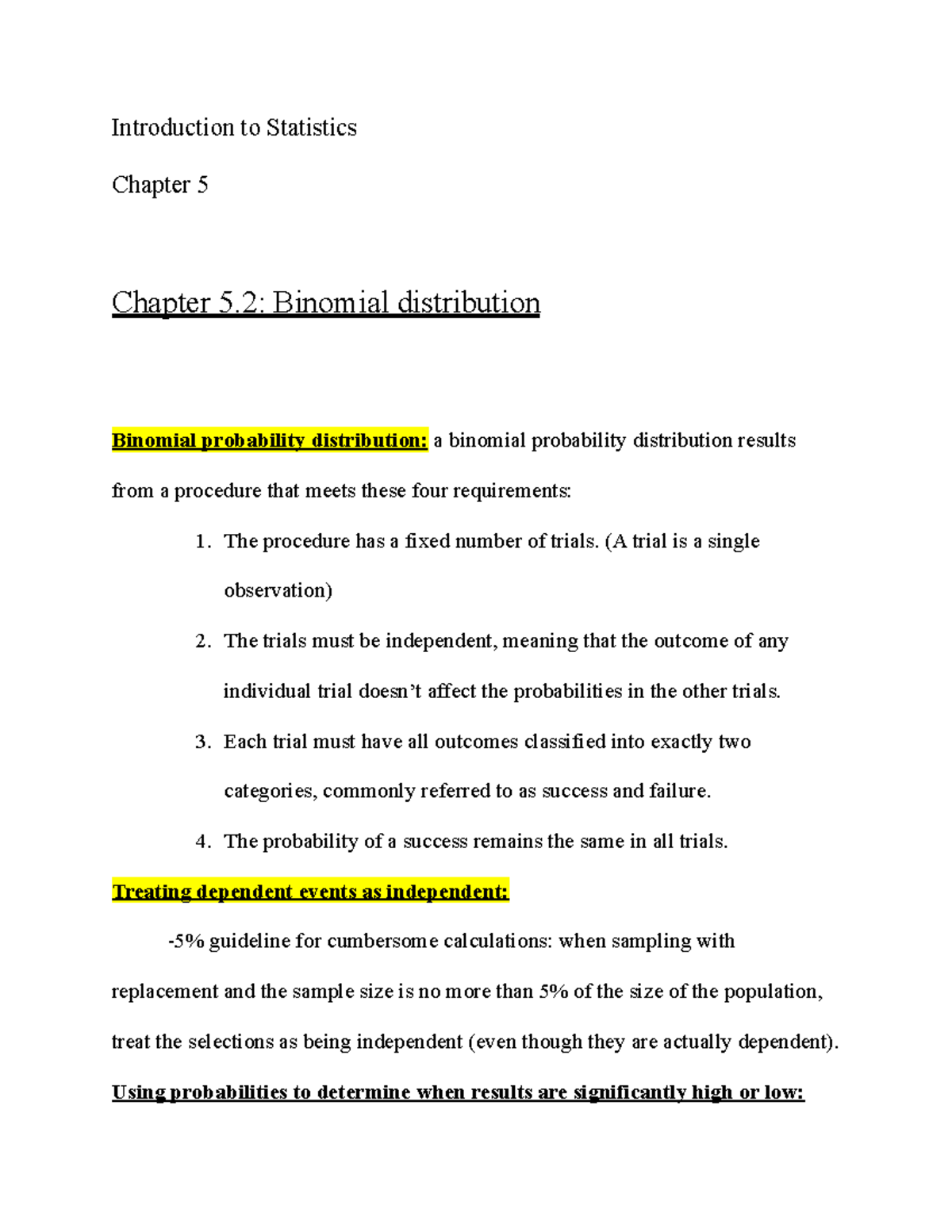 Introduction To Statistics Chapter 5 Notes - Introduction To Statistics ...