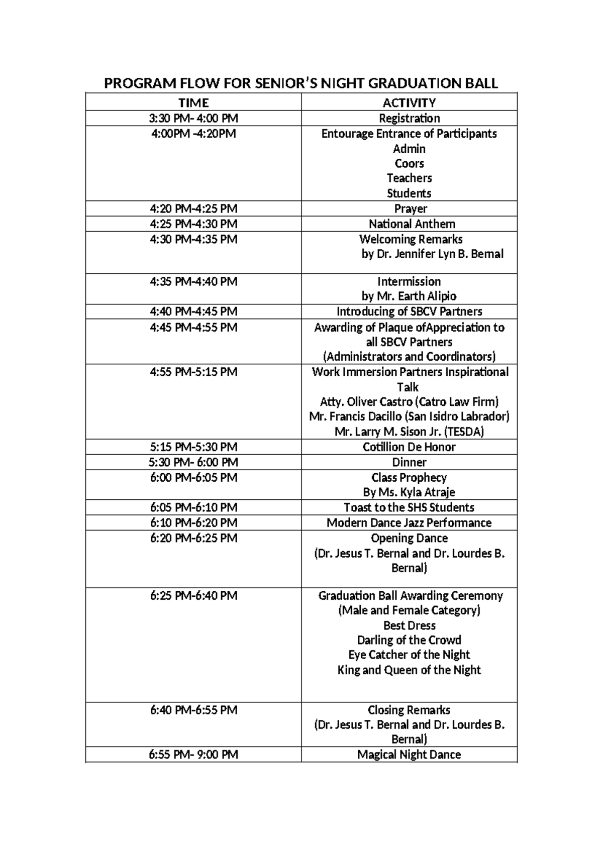 Graduation BALL Program Proper 1 - PROGRAM FLOW FOR SENIOR’S NIGHT ...