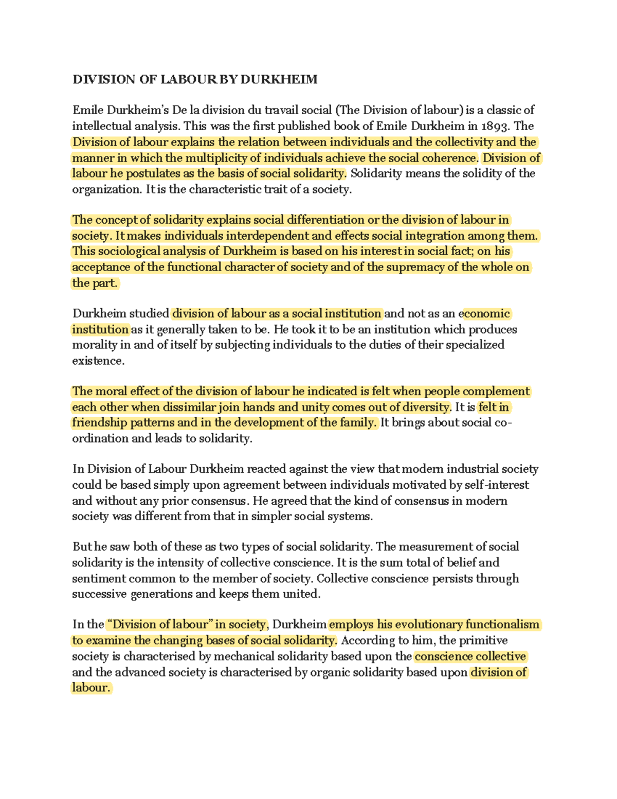 Division OF Labour BY Durkheim - DIVISION OF LABOUR BY DURKHEIM Emile ...