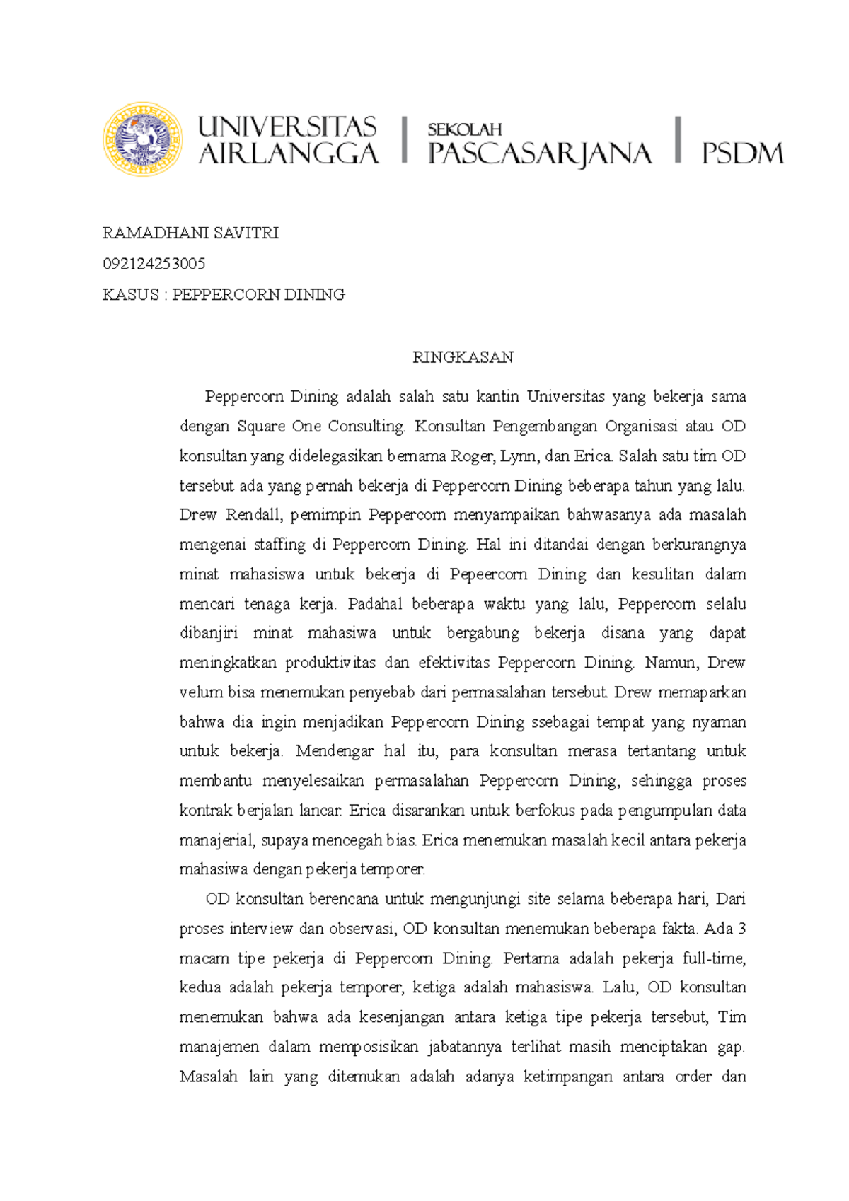 Tugas ODOC 2 Peppercorn Dining CASE RINGKASAN RAMADHANI SAVITRI