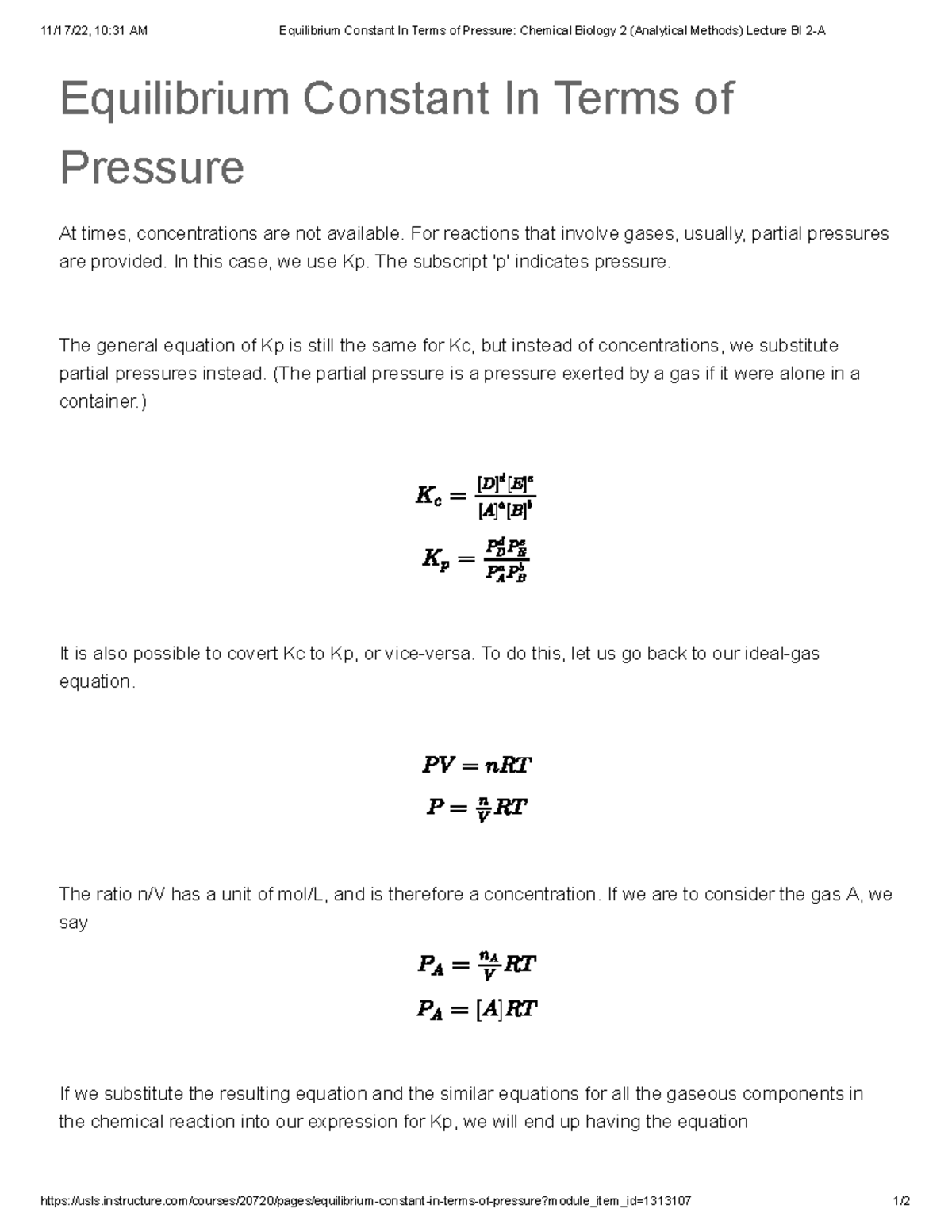 EquilibriumConstantInTermsofPressure ChemicalBiology2