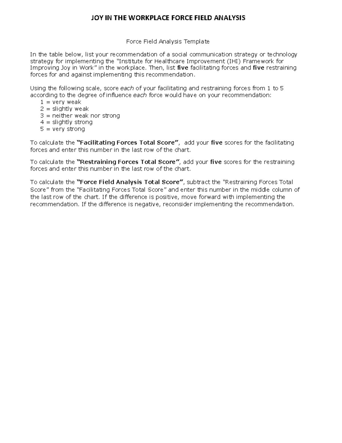 Force Field Analysis JOY IN THE WORKPLACE FORCE FIELD ANALYSIS Force