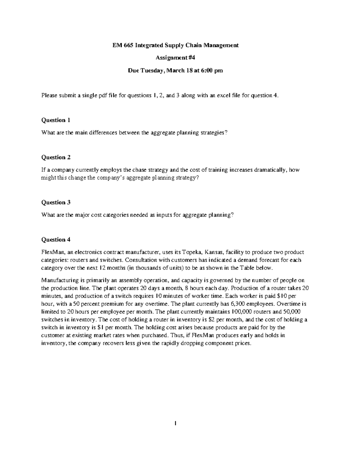 Assignment 4 PLEASE GIVE ME Q4 SOLUTION 1 EM 665 Integrated Supply