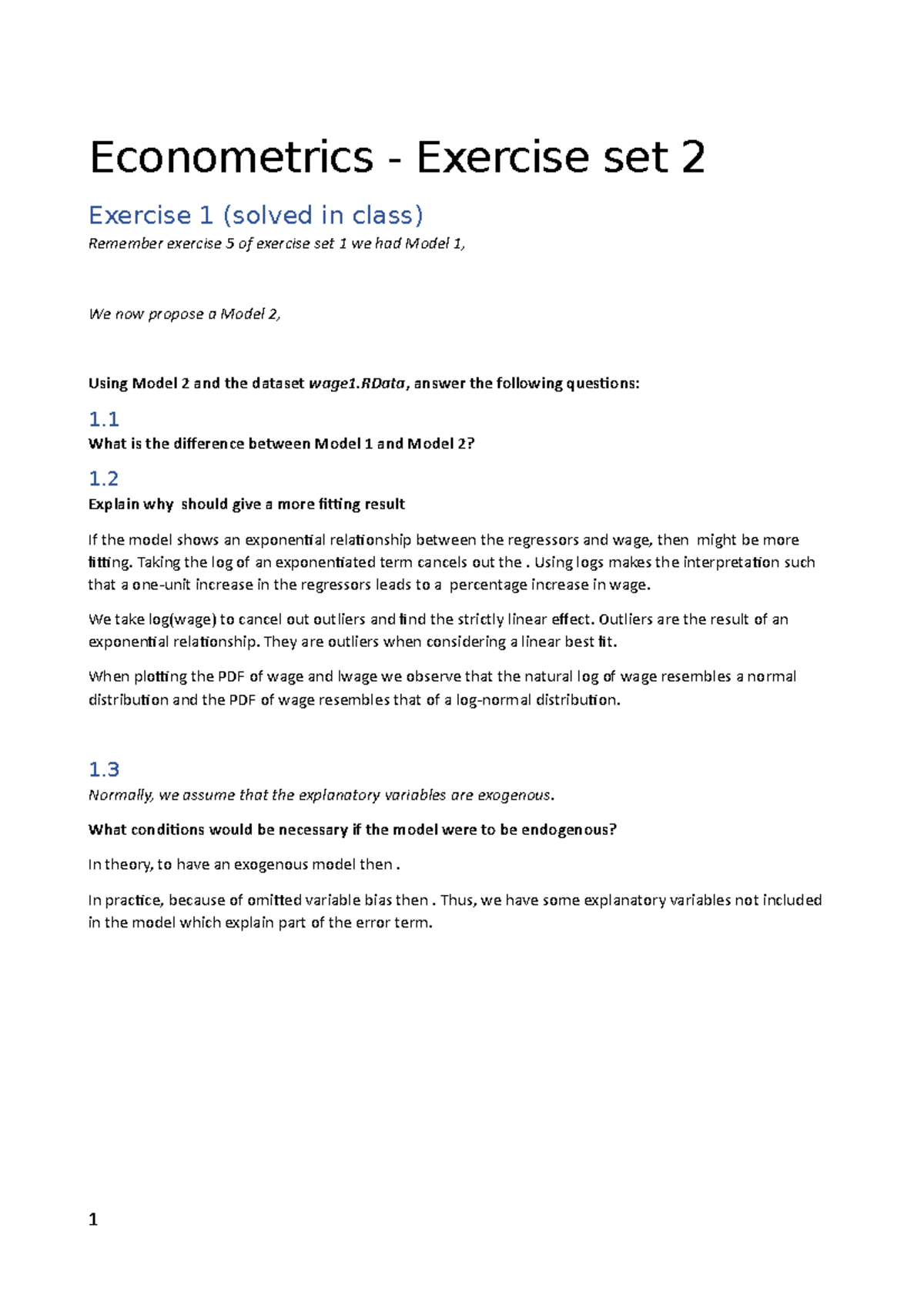 Econometrics Exercise Set 2 Med Svar Econometrics Exercise Set 2 Exercise 1 Solved In Econometrics Exercise Set 2 Med Svar Econometrics Exercise Set 2 Exercise 1 Solved In