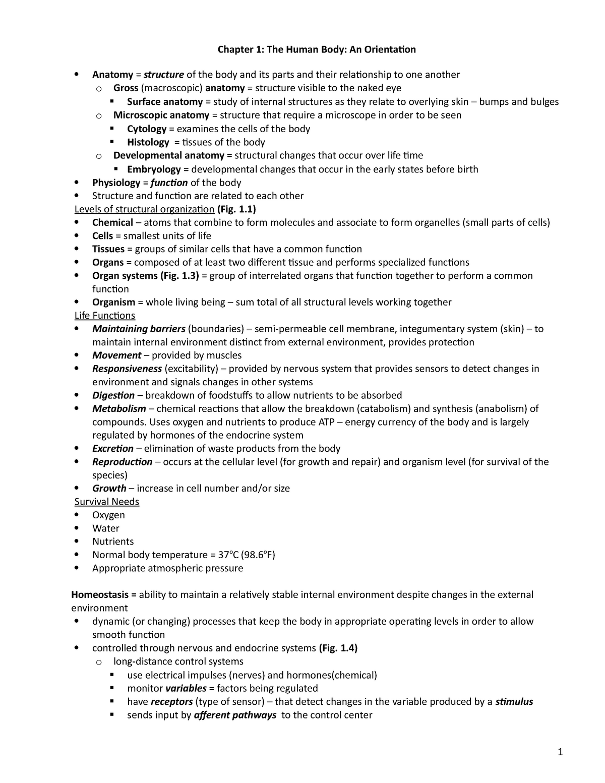 BLG10 Chapter 1 - Human body organization - Chapter 1: The Human Body ...