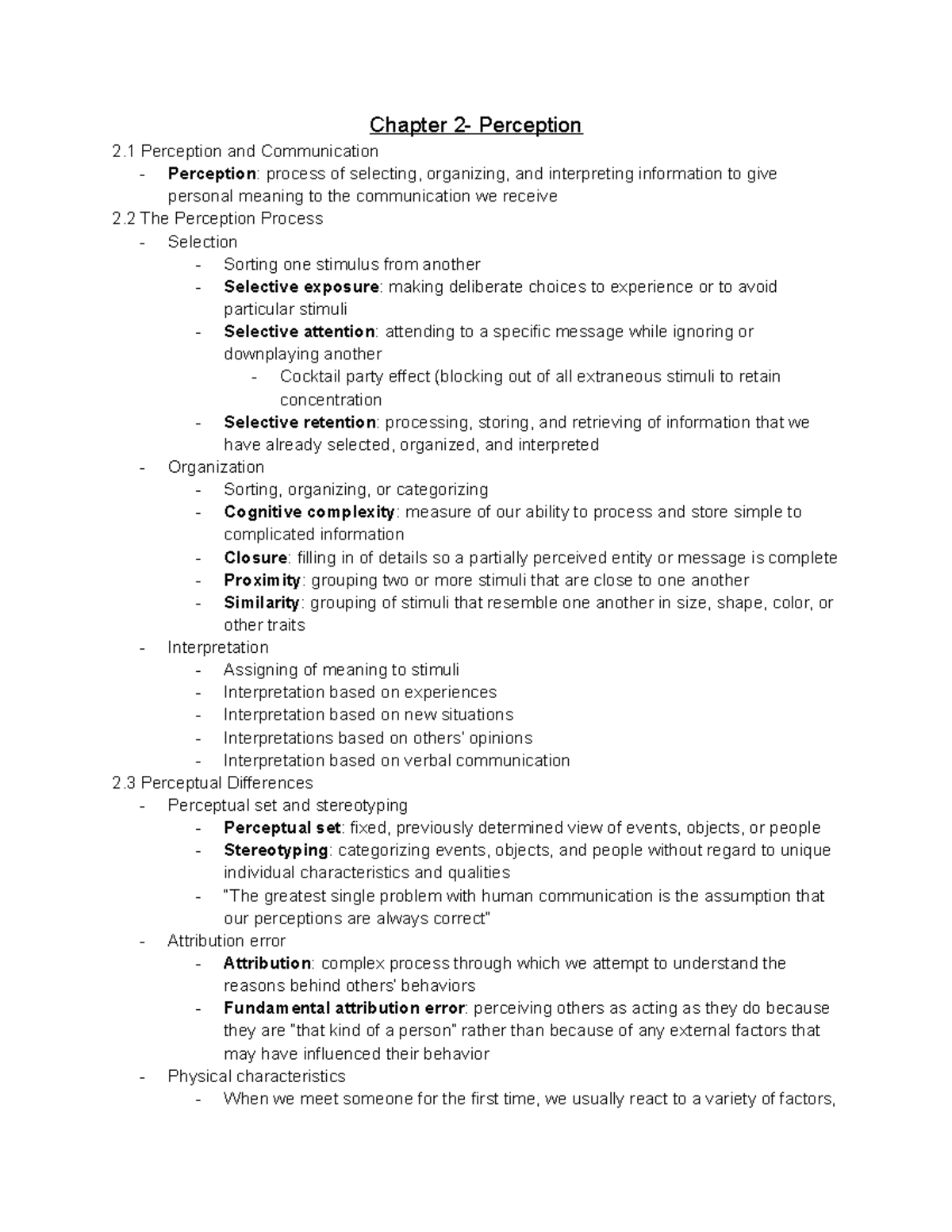 Ch. 2 notes - Chapter 2- Perception 2 Perception and Communication ...