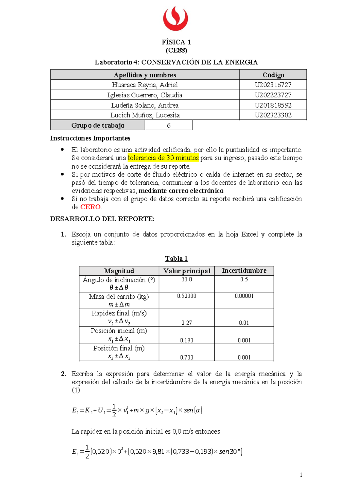 Reporte De Laboratorio 4 Grupo 6 FÍsica 1 Ce88 Laboratorio 4