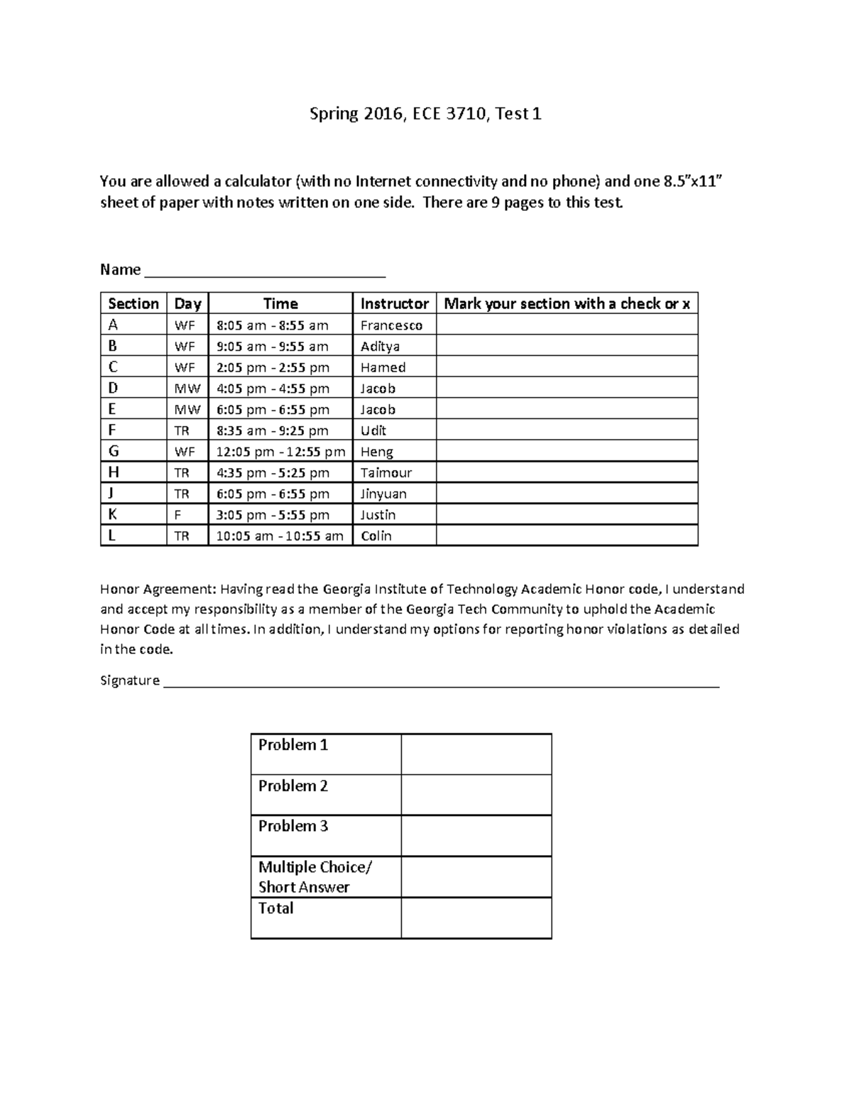 Spring 2016 Exam1A - Exam Practice - Spring 2016, ECE 3710, Test 1 You ...