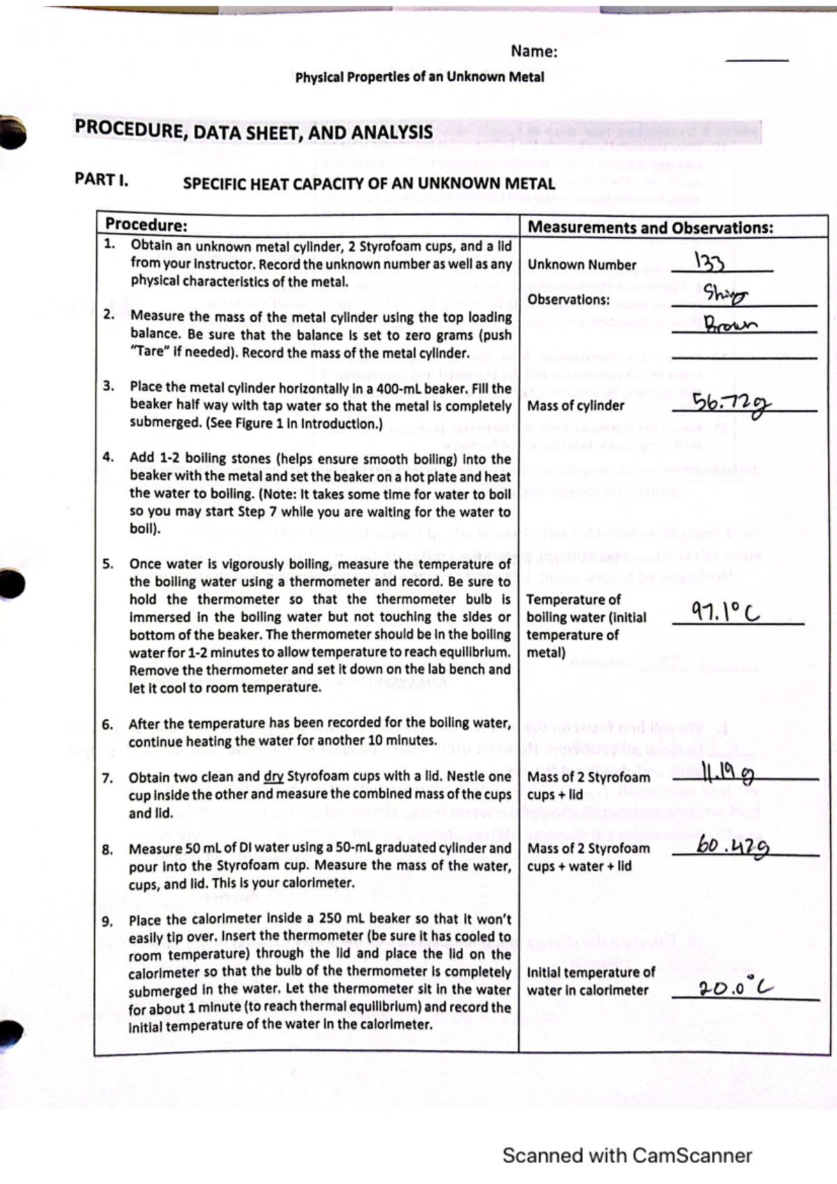 Unknown Metal Lab Data PART I. re eterna Name Physical Properties of
