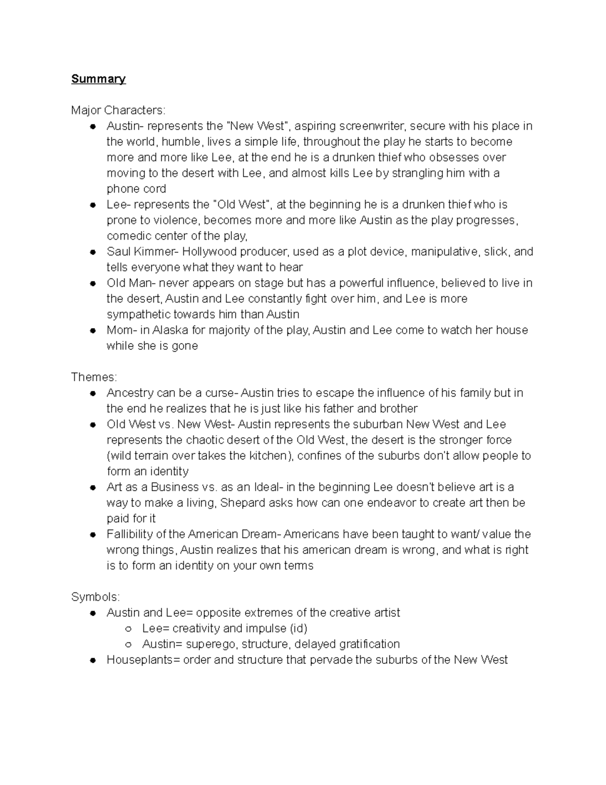 True West - Book and lecture notes - Summary Major Characters: Austin ...
