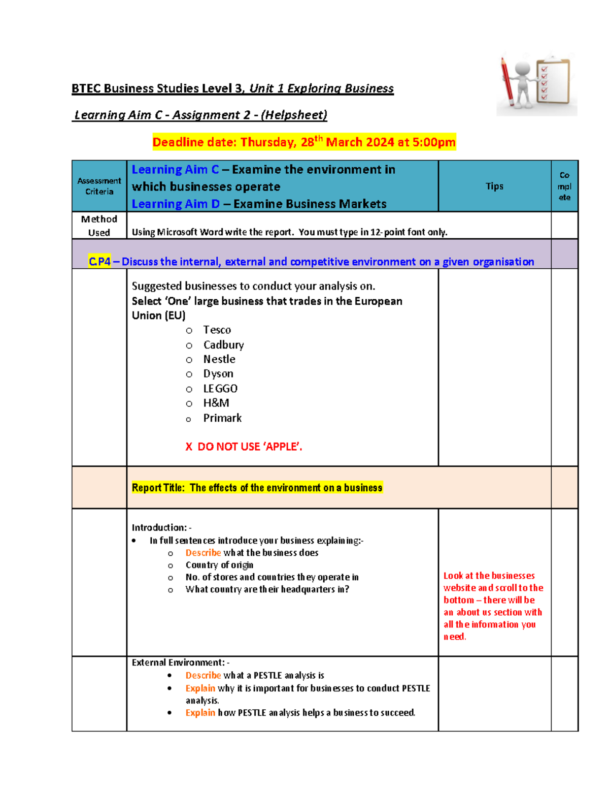 9.10. Help Sheet - Assignment 2 - BTEC Business Studies Level 3, Unit 1 ...