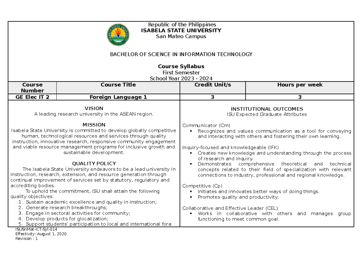 FL- Syllabus - Republic of the Philippines ISABELA STATE UNIVERSITY San ...