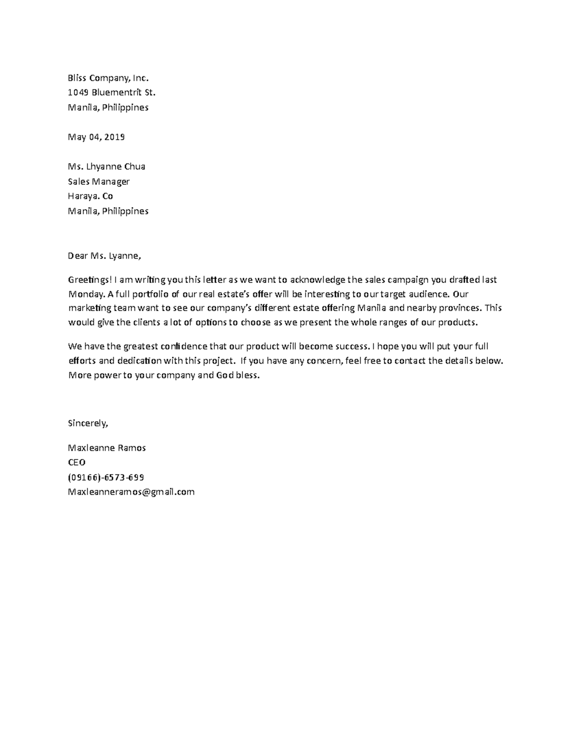 Revised Email and Memo - Bliss Company, Inc. 1049 Bluementrit St ...