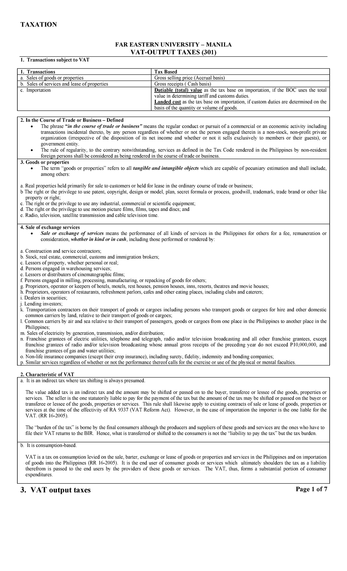 3.1 VAT Output Taxes (301) - TAXATION FAR EASTERN UNIVERSITY – MANILA ...