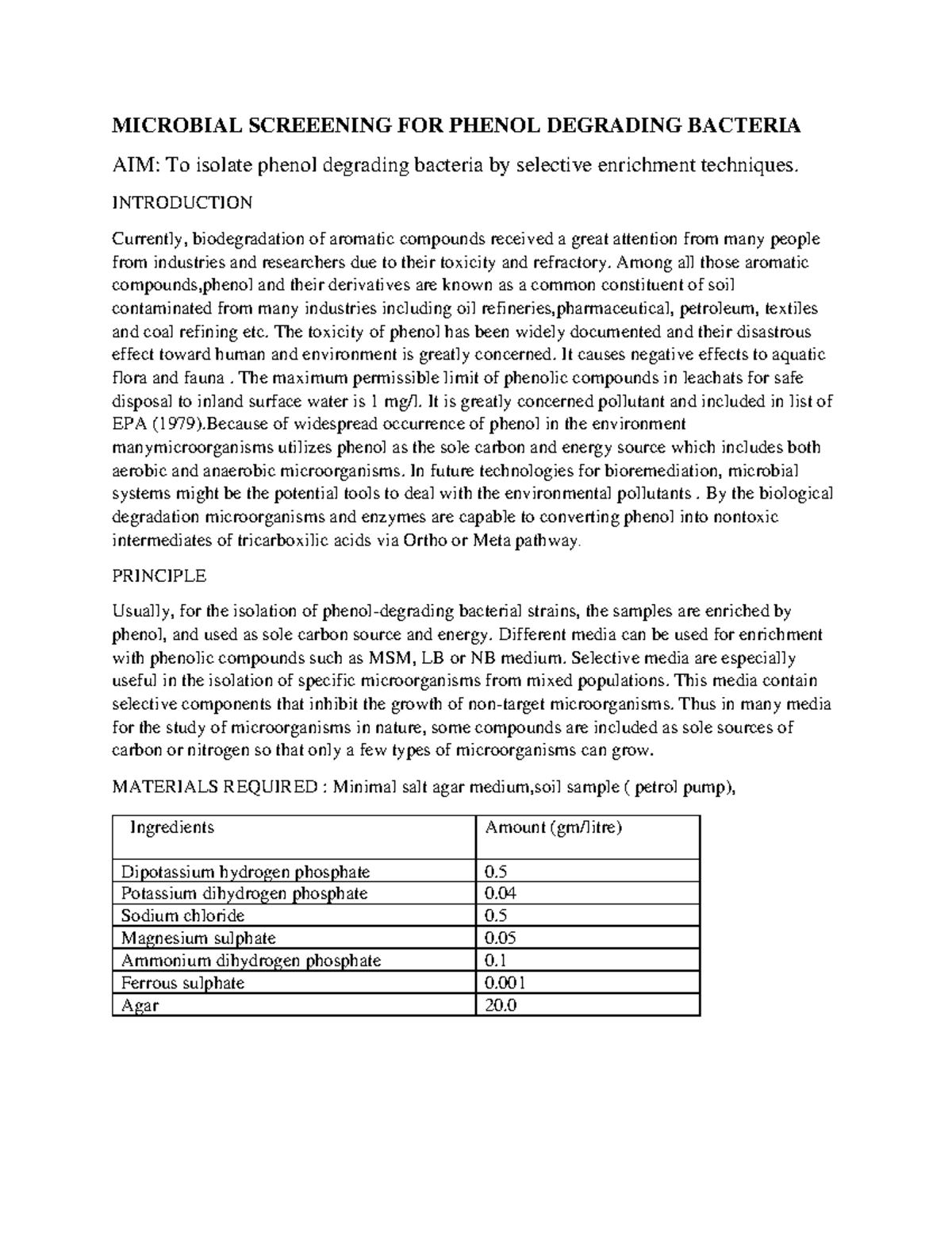 Microbial screening for phenol degrading bacteria - MICROBIAL ...