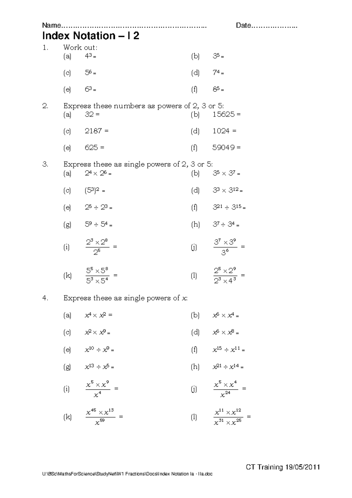 Index Notation Worksheet 4 Week One - - Studocu