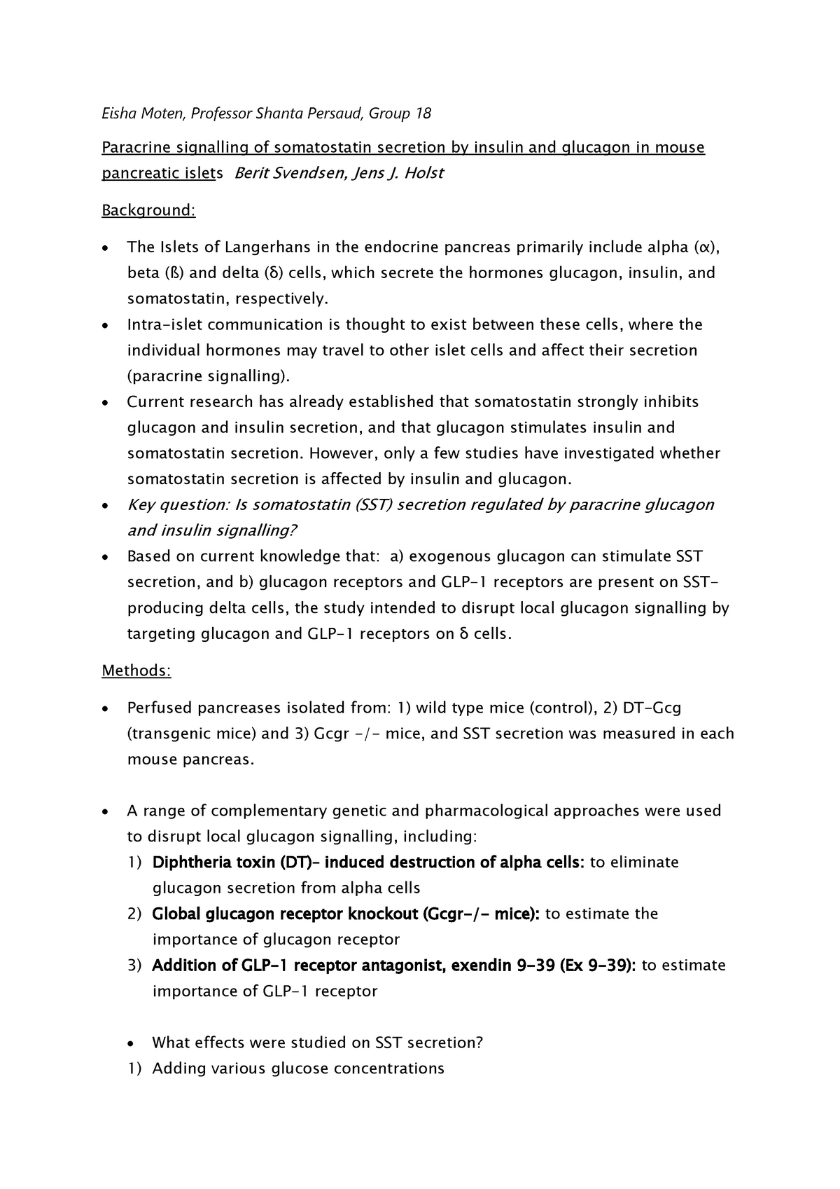 Paper D Summary - Paracrine Regulation Of Sst On Glucagon And Insulin 