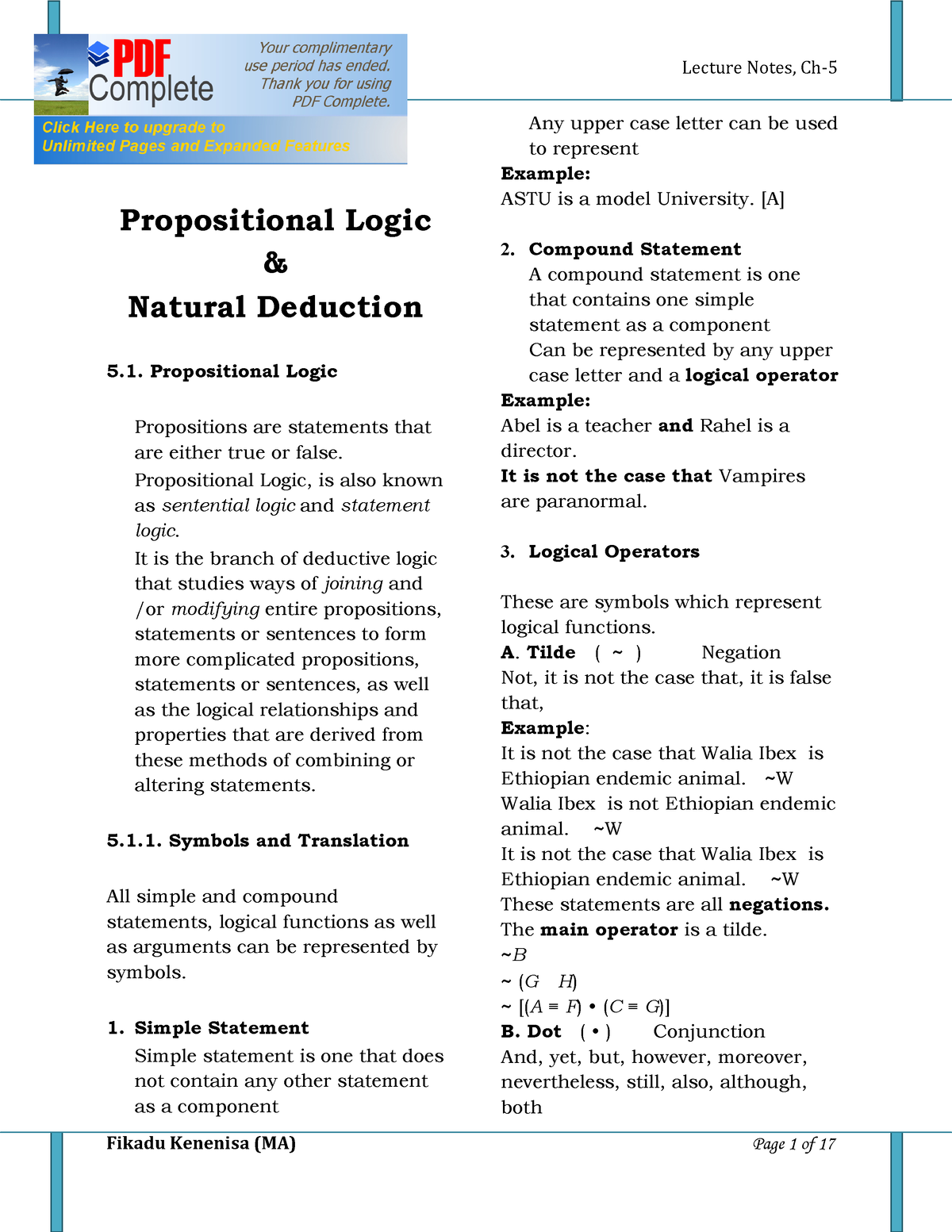 Ch-5 - Good - Chapter V Propositional Logic & Natural Deduction ...