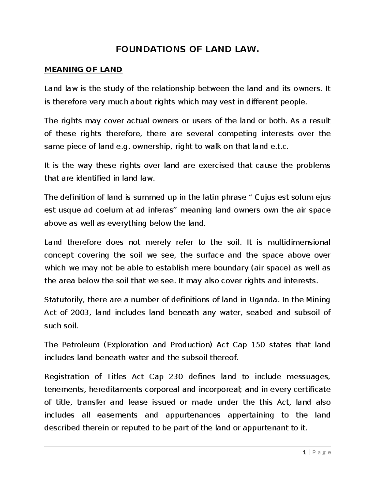 Foundations of Land Law Class Notes FOUNDATIONS OF LAND LAW. MEANING