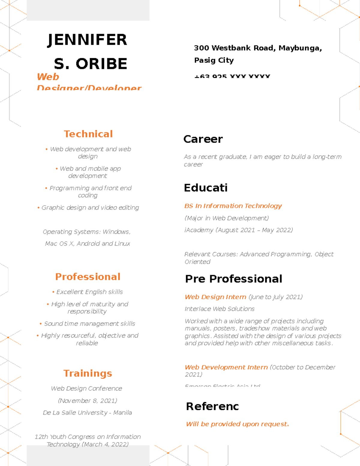 Resume-2 - Resume- Sample - JENNIFER S. ORIBE Will be provided upon ...