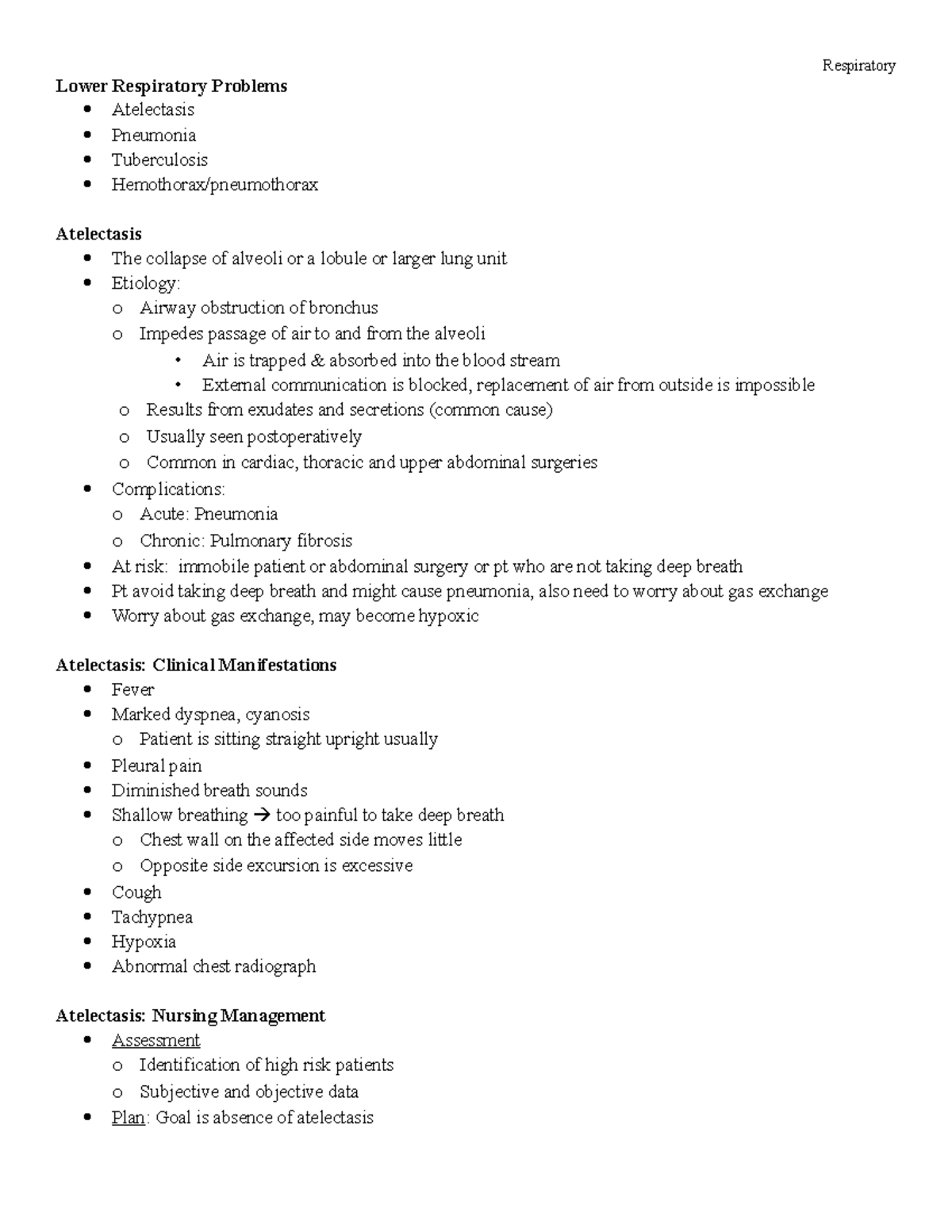 Resp - Respiratory - Lower Respiratory Problems Atelectasis Pneumonia ...