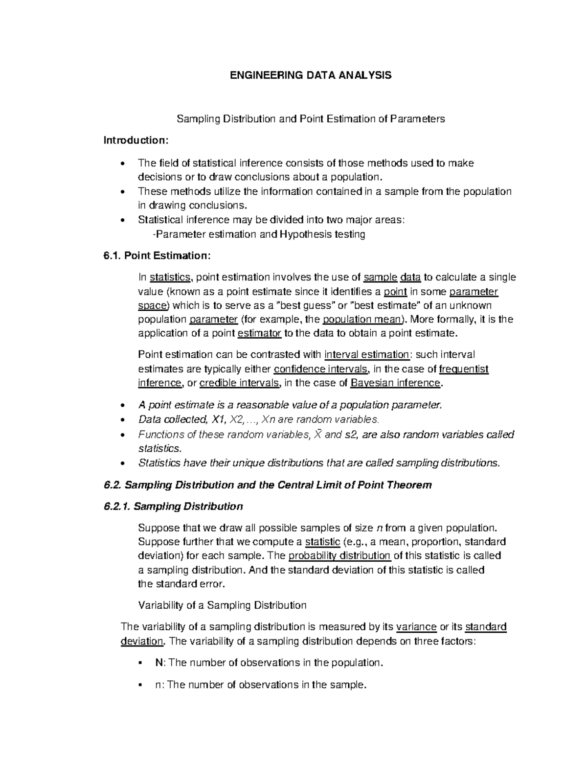 Engineering Data Analysis - ENGINEERING DATA ANALYSIS Sampling ...