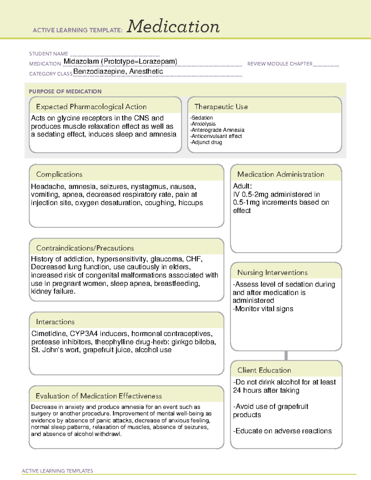 Midazolam Med Surg 3 - Nursing - ACTIVE LEARNING TEMPLATES Medication ...