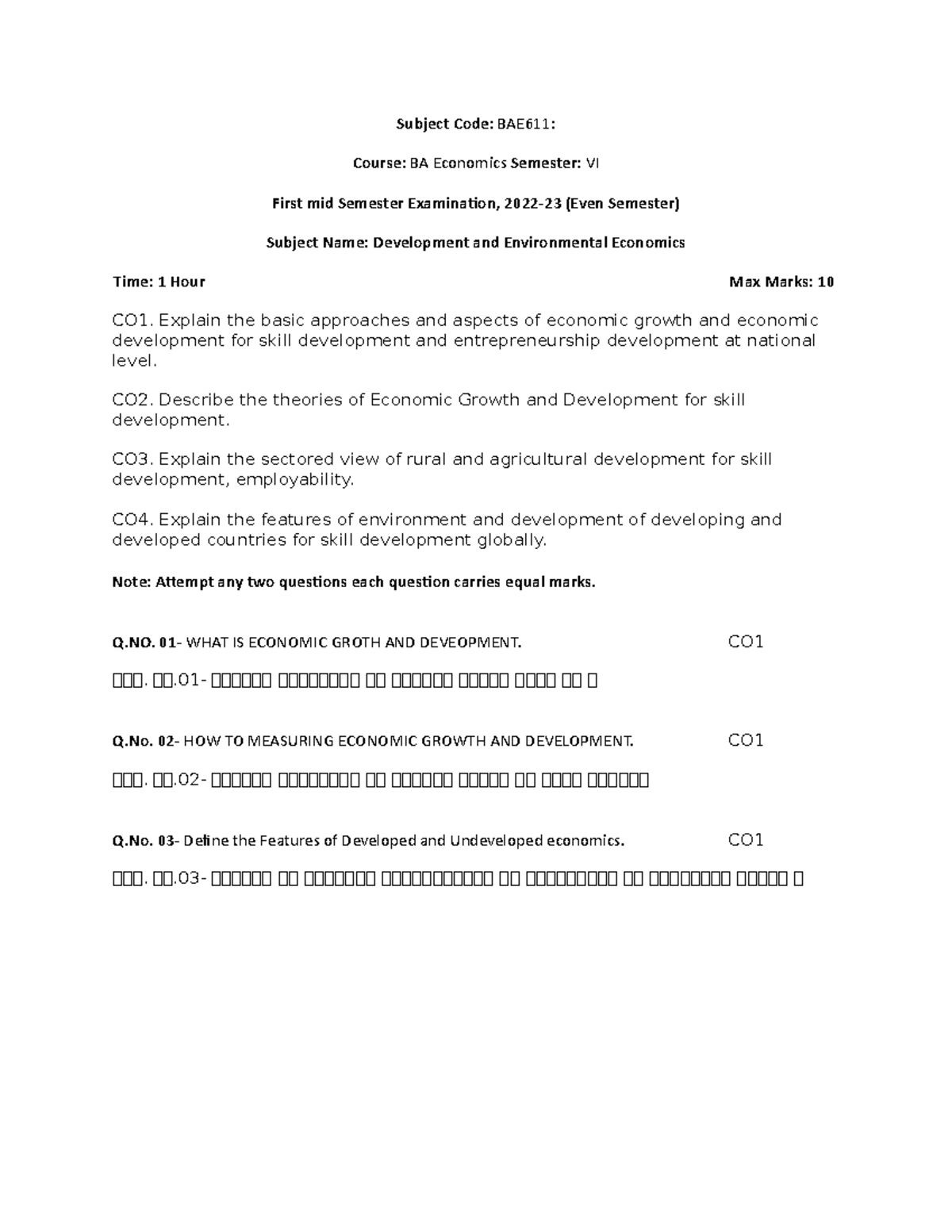 BAE611 Development and Environmental Economics BA - Subject Code ...