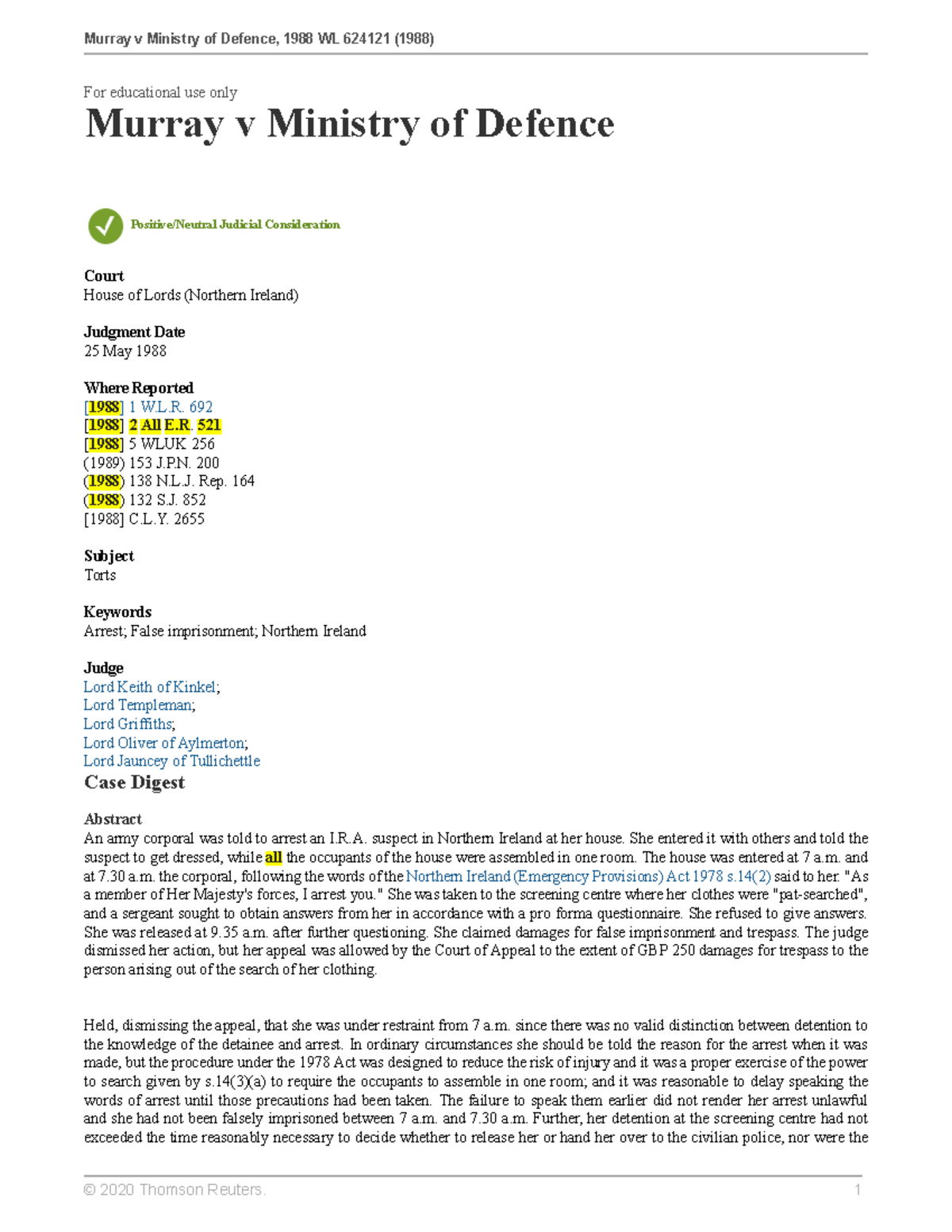 Murray v. Ministry of Defence, [1988] 2 All ER 521 Murray v Ministry