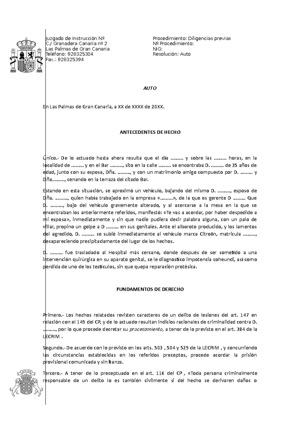 Plantilla de Auto de admisión a tramite de una querella (del MªFiscal ...