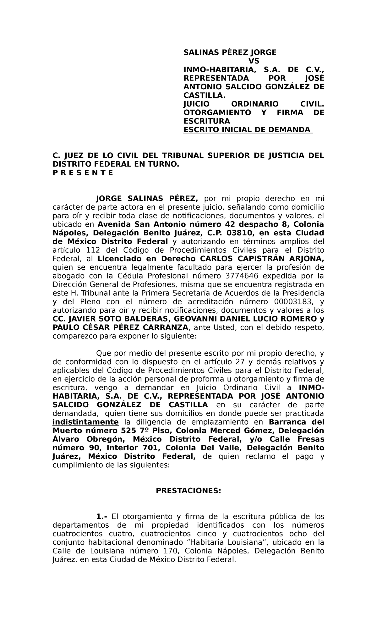 Demanda Otorgamiento y Firma de escritura - SALINAS PÉREZ JORGE VS INMO ...