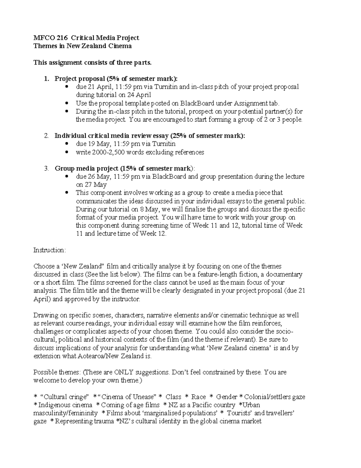 Critical Media Project Instructions - MFCO 216 Critical Media Project ...