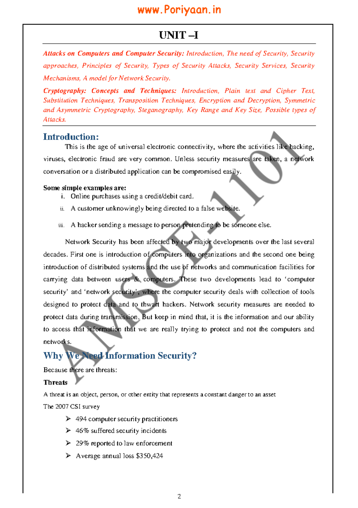 Cryptography and Cyber Security 1 - CB3491 - Notes - UNIT – I Attacks ...