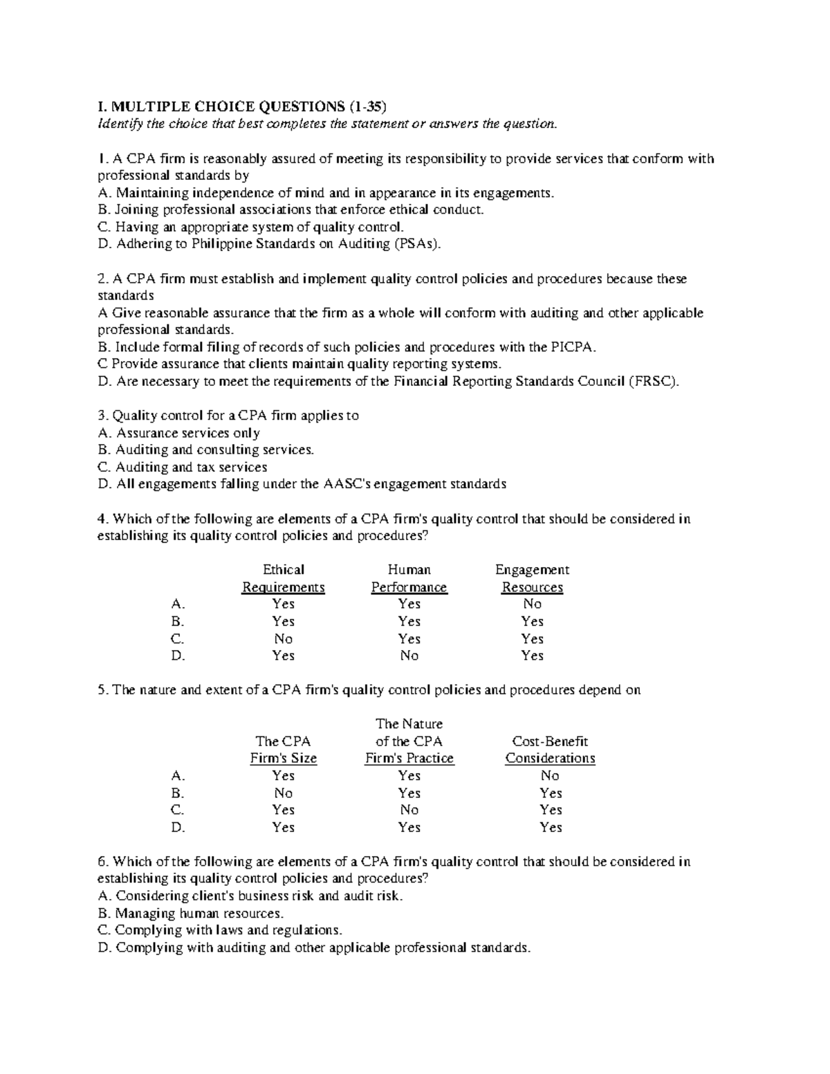 Auditing Theory Quiz 2 Professional Standards - I. MULTIPLE CHOICE ...