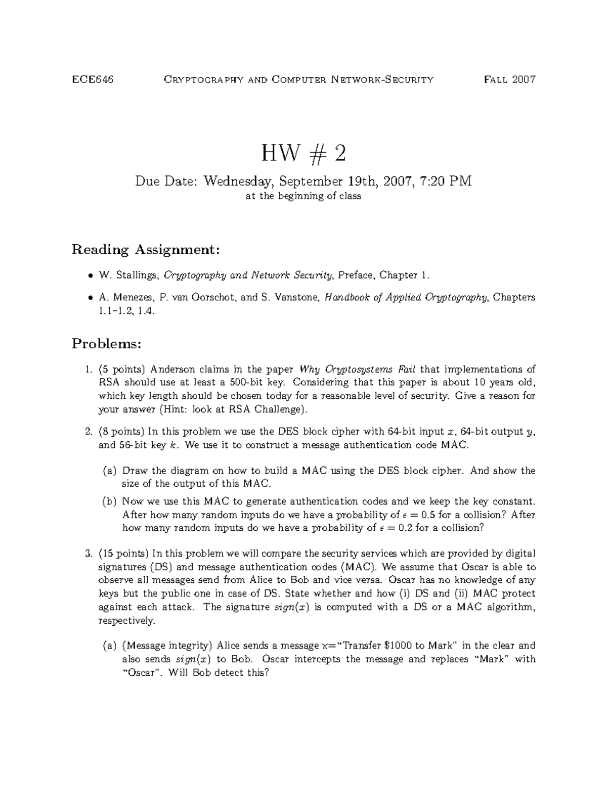 Seminar Assignments Homework 2 Ece646 Cryptography And Computer