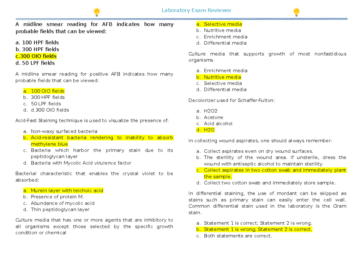 Bacteriology Laboratory Exam Reviewer A midline smear reading for AFB