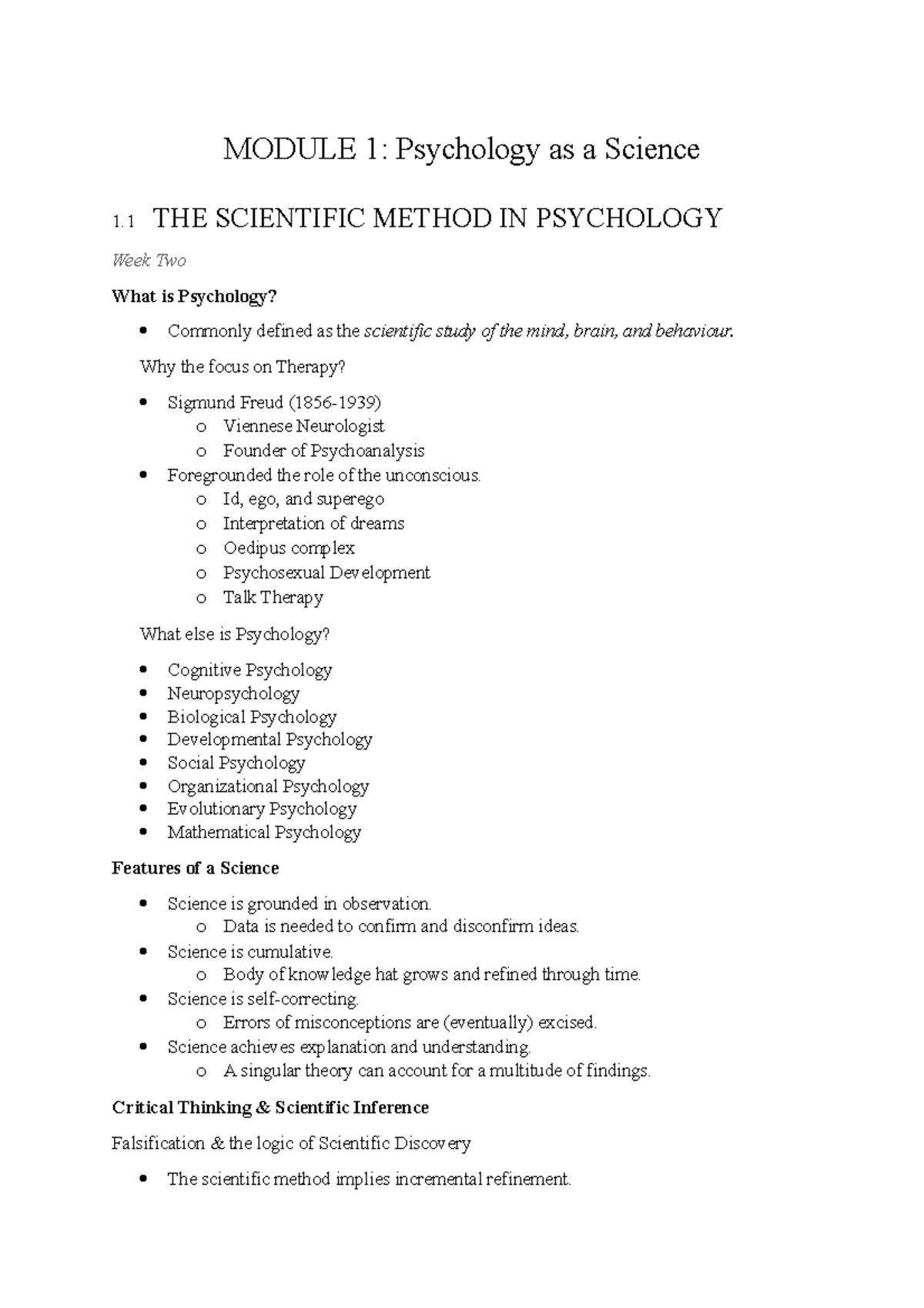 NEUR1020 Week Two Notes - MODULE 1: Psychology As A Science 1 THE ...