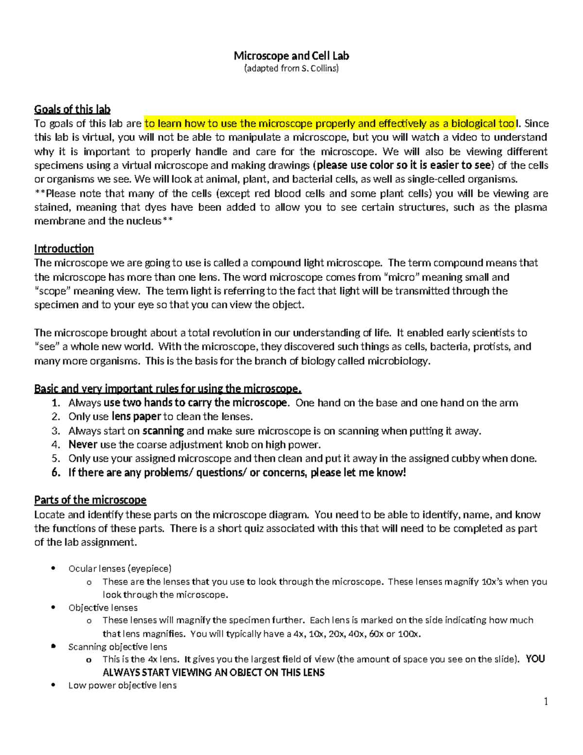 Lab 4 Biology Assignment Microscope and Cell Lab (adapted from S