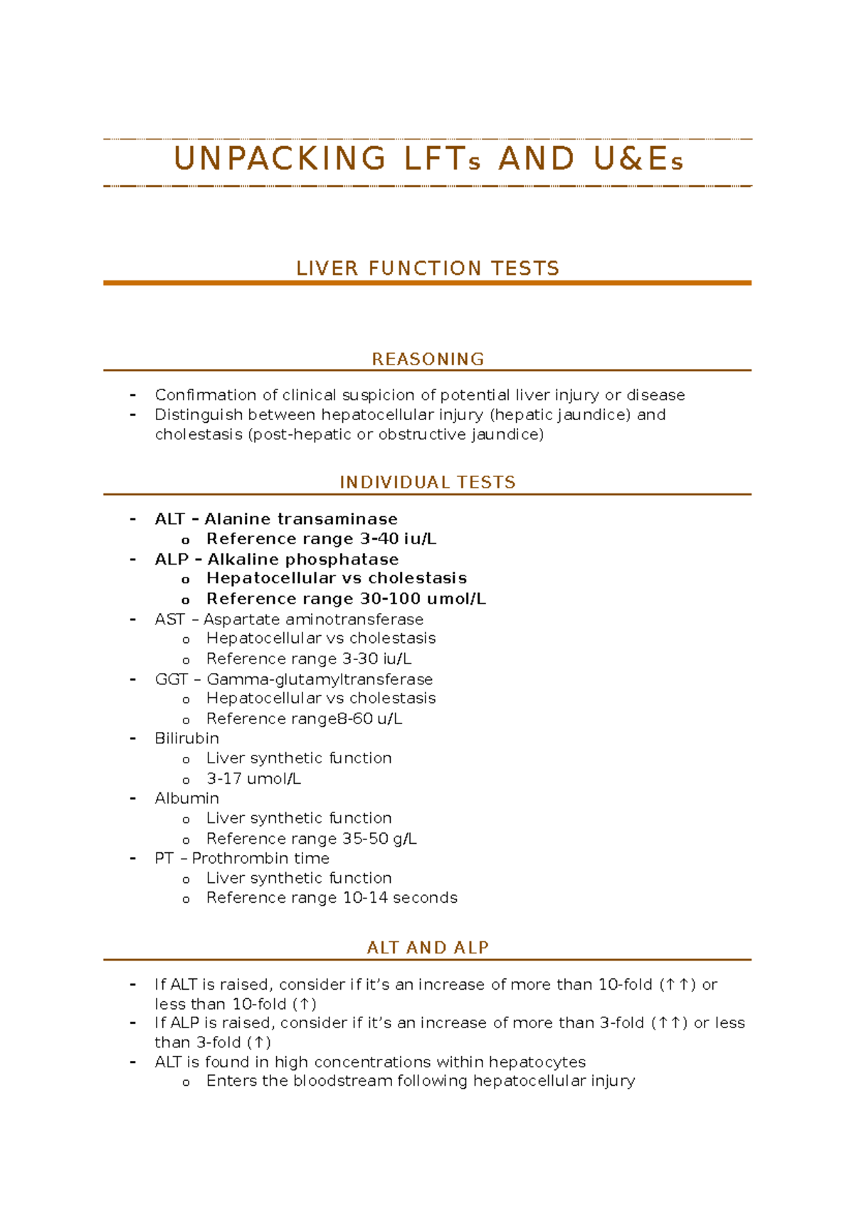 LFTs and U and Es - Summary of LFTs and Urea and Electrolytes from NICE ...