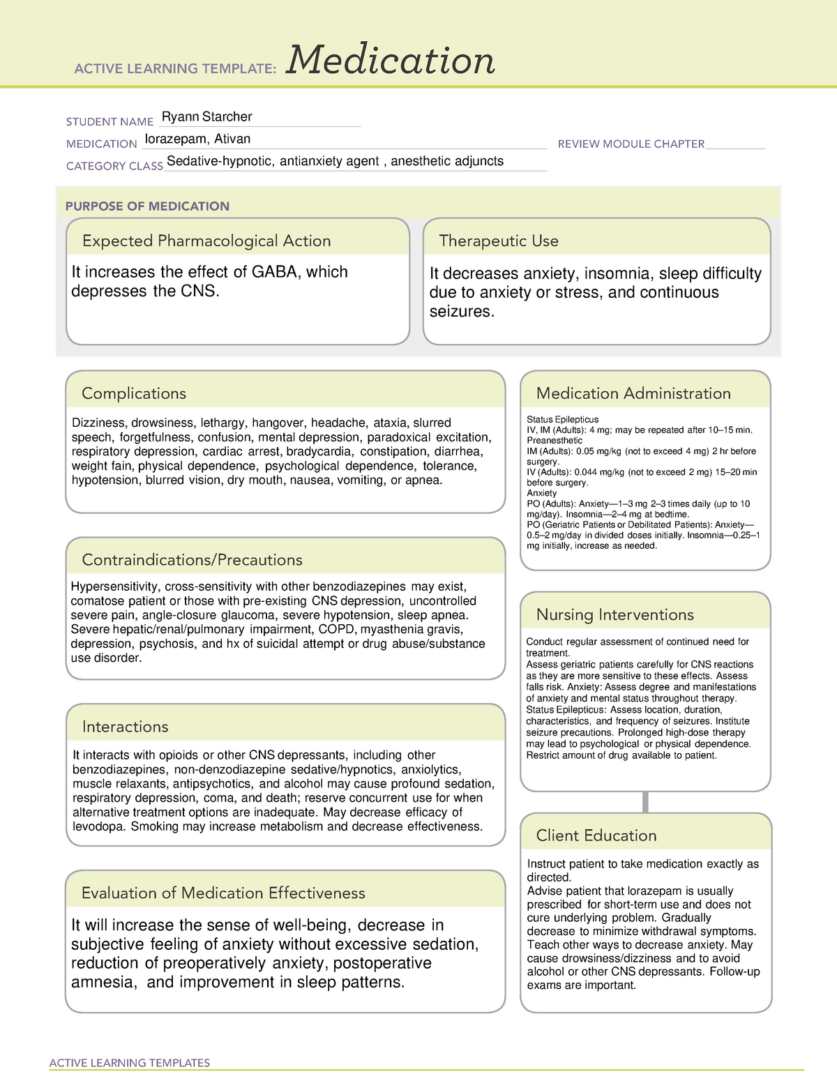 Lorazepam Medication Template for NCLEX based medication ACTIVE