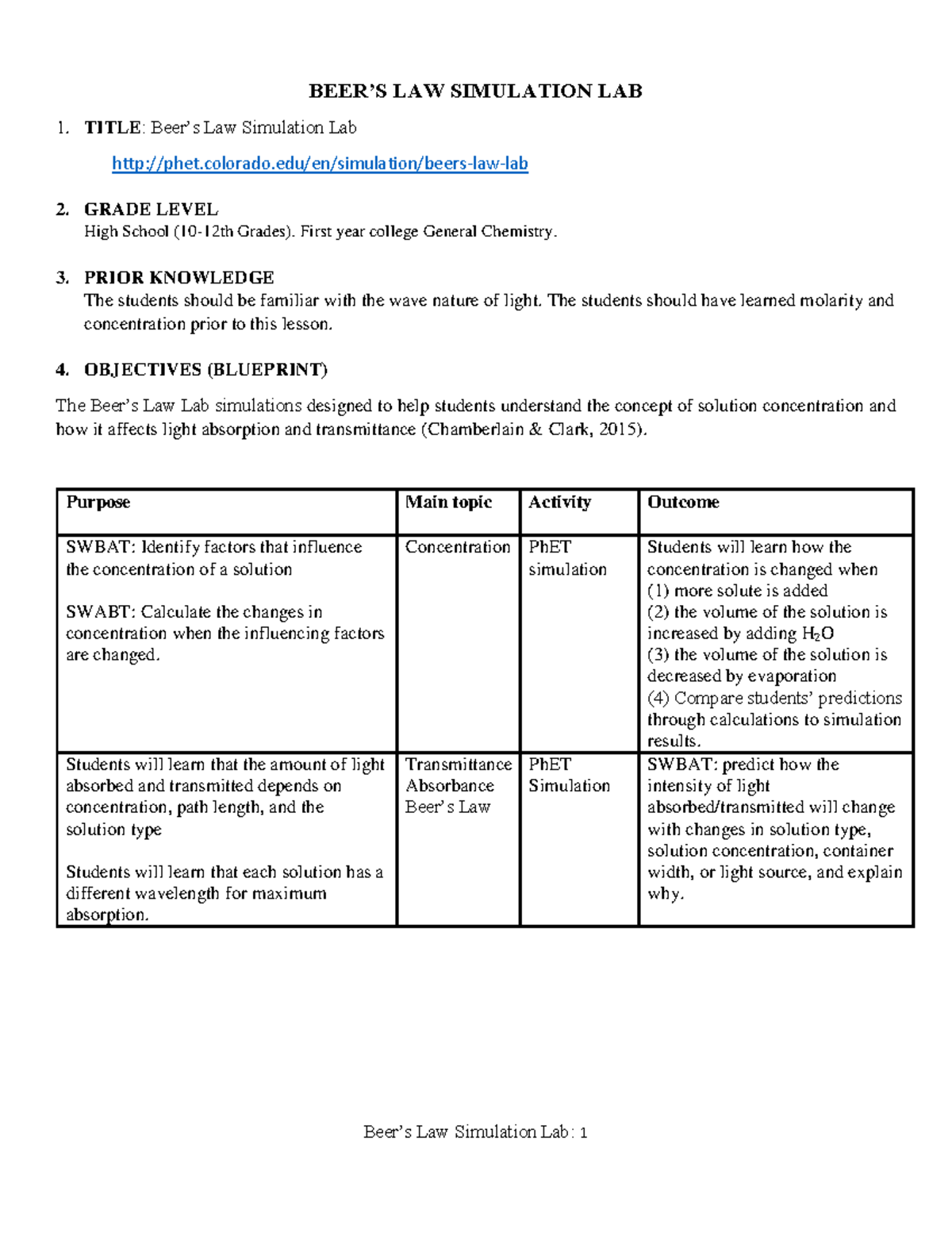 Activity beers law simlab BEER’S LAW SIMULATION LAB TITLE Beer’s Law Simulation Lab Studocu