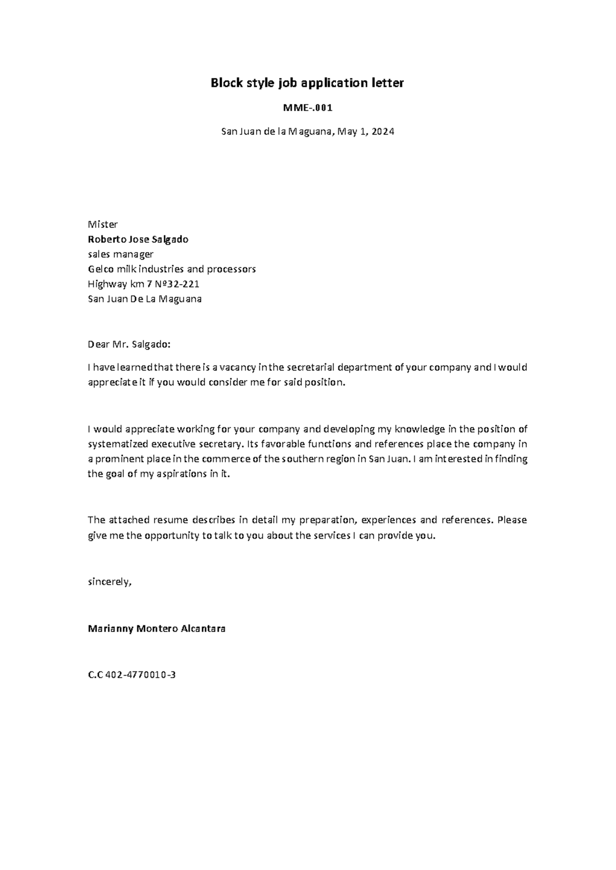 Carata de solicitud de empleo - Block style job application letter MME ...