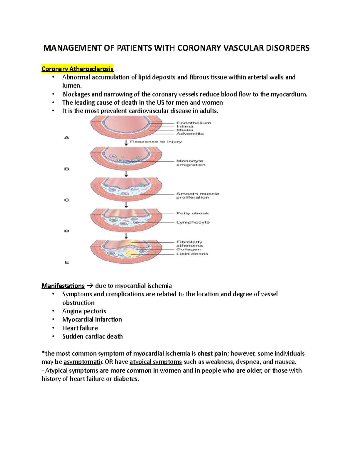 NRSG 110 chapter 27 notes - MANAGEMENT OF PATIENTS WITH CORONARY ...