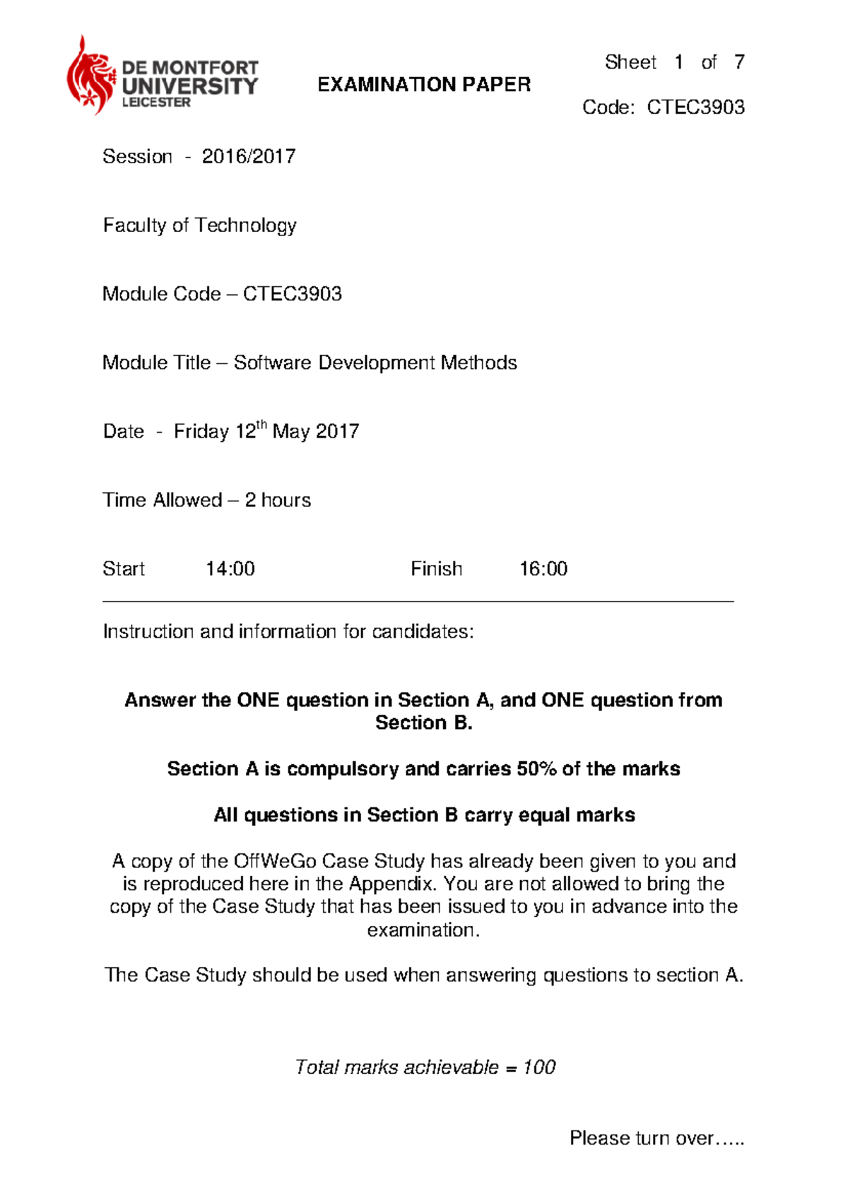 CTEC3903 2017 Exam - Sheet 1 of 7 EXAMINATION PAPER Code: CTEC Session ...
