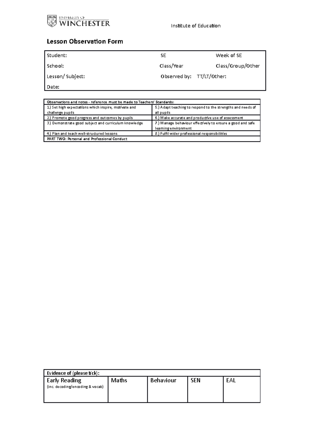 Primary Lesson Observation Form - Institute of Education Lesson ...