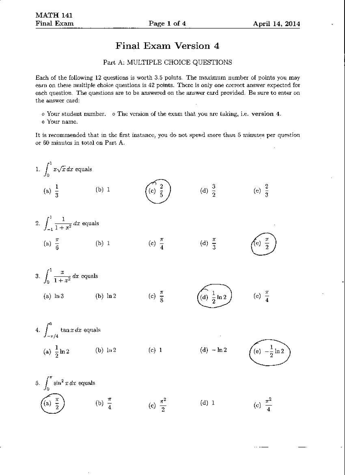 Exam 14 April 2014, questions and answers - version 4 - Math 141 - Studocu
